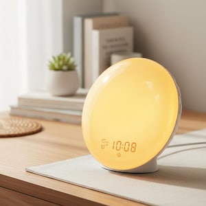 Peut inclure: Un réveil simulateur d'aube blanc et jaune affichant l'heure 10h08. Le réveil est posé sur une surface en bois avec une petite plante et des livres en arrière-plan. Le réveil a une forme incurvée, en forme d'œuf. Mesure environ 15 cm de haut.
