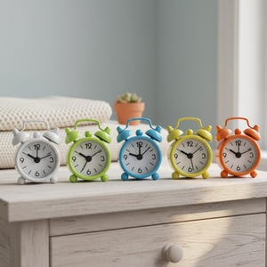 Könnte beinhalten: Fünf kleine, farbige Wecker in Weiß, Grün, Blau, Gelb und Orange stehen auf einer hellen Holzoberfläche. Jede Uhr hat ein weißes Zifferblatt mit schwarzen Zahlen und Zeigern.