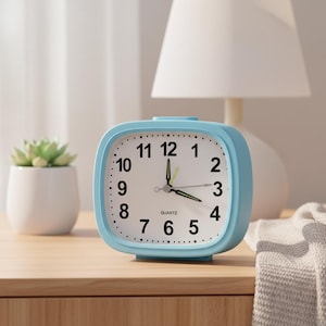 May include: A light blue square alarm clock with a white face and black numerals sits on a wooden surface. The clock shows the time as 3:10. A small succulent plant in a white pot and a white lamp are in the background.
