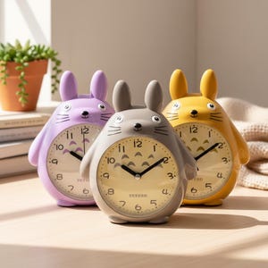 May include: Three whimsical alarm clocks in the shape of a cartoon character, each with a different color: lavender, gray, and yellow. The clocks have a round face with black hands and the word "TOTORO" printed on the face.