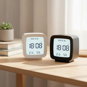 May include: Two digital alarm clocks, one light gray and one black, displaying the time 18:08, date, day, temperature, and humidity. The clocks have a square design with rounded corners and are set on a wooden surface.