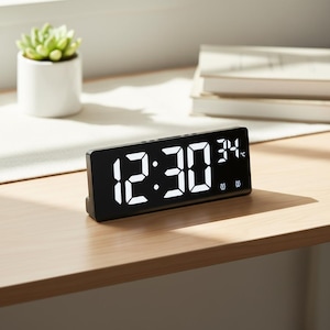 Pode incluir: Um despertador digital preto exibindo a hora 12:30 e a temperatura 1°C. O relógio tem formato retangular com display LED branco. O relógio está em uma superfície de madeira.