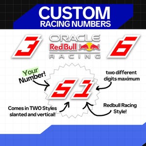 Op de afbeelding: Afbeelding die reclame maakt voor aangepaste racenummers. De tekst "CUSTOM RACING NUMBERS" staat bovenaan. Voorbeelden van de nummers 3 en 6 worden in een schuine stijl getoond. Het nummer 51 wordt getoond in een Redbull Racing-stijl.