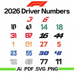 Könnte beinhalten: Grafik mit dem F1-Logo und dem Text "2026 Driver Numbers". Verschiedene Rennnummern werden in verschiedenen Farben angezeigt, darunter Rot, Schwarz und Blau. Dateiformate .Ai, .PDF, .SVG und .PNG sind unten aufgeführt.