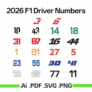 2026 F1 Fahrerzahlen: Bearbeitbare Vektordateien (ai, png, svg, pdf) (Digitaler Download)