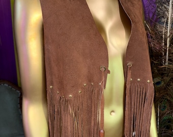 Pioneer Wear Genuine Leather Fringe Hippy Vest Brass Studs