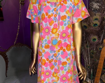 Vintage Handmade Psychedelic Neon Floral Acetate House Dress