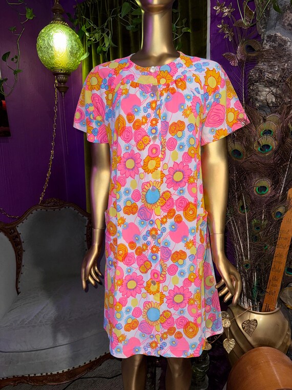 Vintage Handmade Psychedelic Neon Floral Acetate House Dress