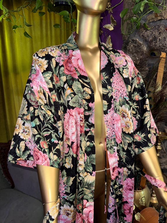 80's Luxurious Floral Satin Full Length Kimono Styled Robe