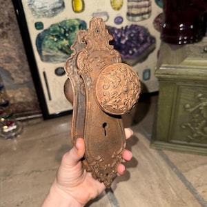Early 1900's Cast Iron Ornate Door Handles w/ Matching Plates