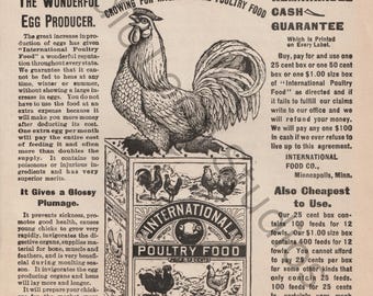 ヴィンテージの鶏飼料広告プリント、アンティークの鶏ポスター、農家風の壁飾り、素朴な農場の装飾、1900年代初頭の農業広告