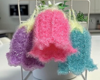Kawaii Bell Flower Scrubber Set med 3 – Handgjord virkad kökssvamp, pastellblommig diskskrubb, tillverkad i Kyoto, Japan