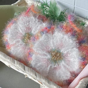 Rainbow Sakura Crochet Kitchen Scrubby Set of 2 – Thick Eco Dish Sponge, Handmade in Kyoto Japan, Cute Kawaii Gift