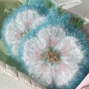 Emerald Sakura Crochet Kitchen Scrubby Set of 2 – Thick Eco Dish Sponge, Handmade in Kyoto Japan, Cute Kawaii Gift