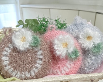 Crochet Flower Kitchen Sponge Set of 3, Daisy Scrubbies, Eco Friendly Dish Scrubber, Cute Handmade Gift, Made in Japan