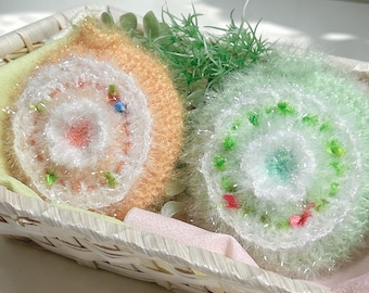 Kawaii Häkel-Spitzenschwamm-Set (2 Stück) – Handgefertigter, glitzernder Küchenschwamm, niedlicher Spülschwamm mit Blumenmuster, hergestellt in Japan