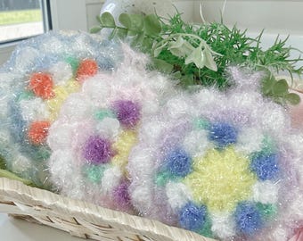 Kawaii Colorful Flower Scrubber Set of 3 – Handmade Crochet Kitchen Sponge, Pastel Confetti Floral Dish Scrubby, Made in Kyoto Japan