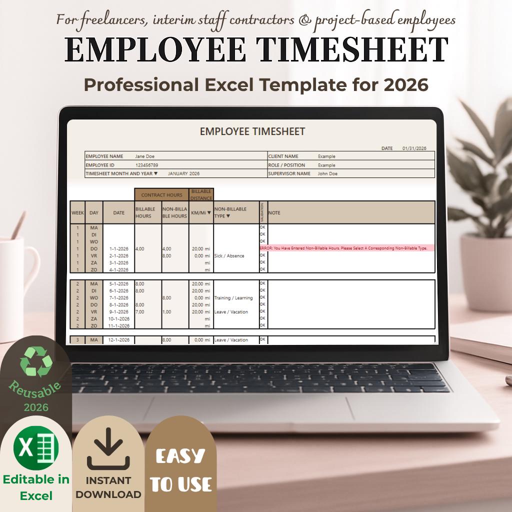 Employee Timesheet Excel Template | Work Hours Tracker | Weekly ...