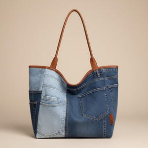 Puede incluir: Un bolso tote de mezclilla con asas y ribetes de cuero marrón. El bolso está hecho de mezclilla patchwork en varios tonos de azul, con bolsillos visibles. Las asas son lo suficientemente largas para llevar al hombro.
