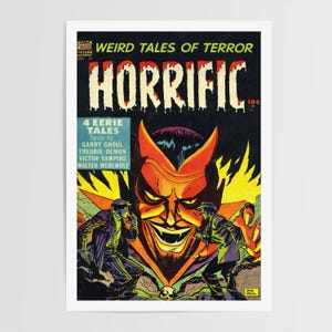 May include: A vintage comic book cover titled "Weird Tales of Terror" with the word "Horrific" in large, red, stylized letters. The artwork features a devilish figure with horns and a sinister grin, along with two figures in suits. The cover also includes the text "4 Eerie Tales."