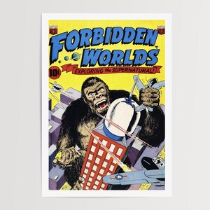 May include: Comic book print featuring a giant gorilla destroying a city, with the title "Forbidden Worlds" in large blue letters. The image includes vintage-style illustrations of airplanes and buildings, with the text "Exploring the Supernatural!"