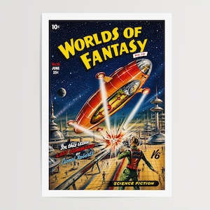 May include: A vintage science fiction poster titled "Worlds of Fantasy" featuring a red airship, futuristic city, and a figure in a green suit. The poster includes the text "Last Command" and "Science Fiction". The price is 25 cents.