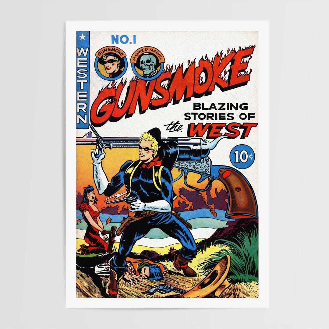 Vintage Western Comic Wall Art – 1940s Gunsmoke Blazing West Gunfighter Cover Poster, Retro Pulp ...