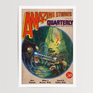 Vintage Sci-Fi Pulp Wall Art – 1920s Alien Monster Cave Cover Poster, Retro Science Fiction Illustration Print | Atomic Archive Prints