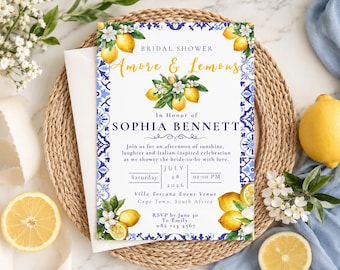Invitación para despedida de soltera en la Costa Amalfitana / Plantilla mediterránea de limones (Canva editable)