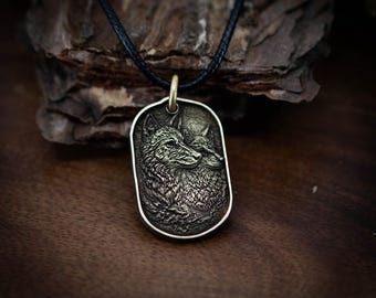 Wolf Tier Messing Anhänger Halskette - Rustikale Gravierte Wolf Design, oxidierte Oberfläche, verstellbare Kordel, Unisex Schmuck für jeden Tag Geschenk