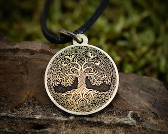 Wikinger Messing Baum des Lebens Anhänger Halskette, rustikale oxidierte Oberfläche, personalisierte Gravur