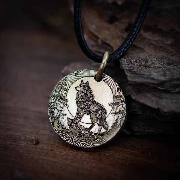 Rustic Wolf Pendant Handmade Jewelry, Engraved Brass Design (Adjustable Cord, Unique Patina, Unisex Necklace)