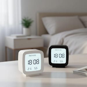 Puede incluir: Dos despertadores digitales, uno blanco y otro negro, que muestran la fecha, la hora, la temperatura y la humedad. El reloj blanco tiene un diseño cuadrado con esquinas redondeadas. El reloj negro tiene un diseño similar. Ambos relojes están sobre una superficie blanca.