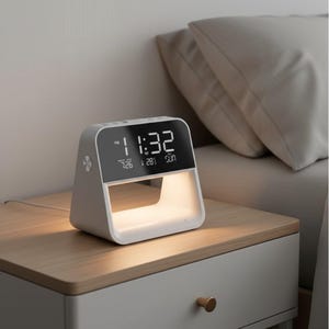May include: A white digital alarm clock with a built-in night light sits on a wooden nightstand. The clock displays the time, date, and day of the week in a bright, easy-to-read font. The night light emits a soft, warm glow.