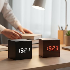 May include: Two cube-shaped digital clocks on a wooden desk. One clock is black with white numbers displaying 19:21, and the other is brown with red numbers showing 19:23. A desk lamp is overhead.
