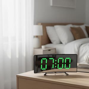 May include: A digital alarm clock displaying 7:00 in bright green numerals. The clock has a mirrored surface and a curved design, resting on a small metal stand. It sits on a wooden nightstand in a bedroom setting.