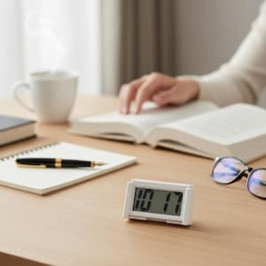 May include: A white digital clock displaying 10:17 sits on a wooden desk. A black and gold pen rests on a notepad, and a pair of eyeglasses is nearby. A cup of coffee and an open book are also on the desk.