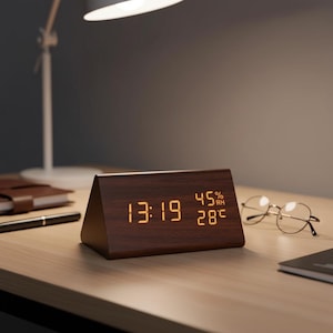 May include: A wooden triangular digital clock displaying the time as 13:19, 45% humidity, and 28 degrees Celsius. The clock sits on a wooden desk with a pen, notebook, and glasses. A white desk lamp is in the background.