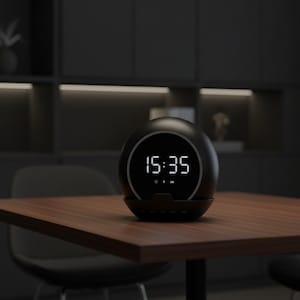 May include: A black, spherical digital clock displaying the time 15:35 in white numerals. The clock sits on a dark wooden table. The clock has a circular display and a small base.