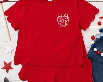 Bow Frame Monogram Scallop Set – Custom Embroidered Girls Outfit | 4th of July, Valentine’s & Everyday Wear 3/6M–14/16 Youth Multiple Colors