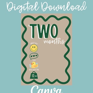 Puede incluir: Un cartel digital de hitos sobre un fondo azul claro con un rectángulo beige y un borde festoneado verde oscuro. El texto dice TWO months, Smiley Boy, 3 corazones, Ooos, Hates bath time y 12 lbs con iconos de una cara sonriente y un pato.