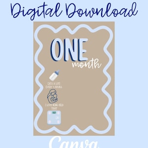 以下が含まれることがあります： デジタルダウンロードのベビーマイルストーンカード。「ONE month」の文字が青と白のデザインで表示されています。追加のテキストには「たくさん食べる！3時間ごと」と「抱きしめられるのが大好き」が含まれています。