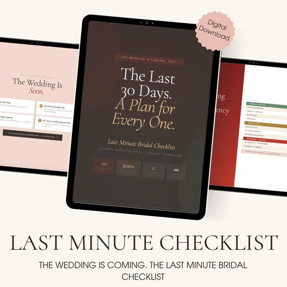 Last Minute Bridal Checklist — 30-Day Wedding Countdown | Google Sheets & Excel | Wedding Planning Checklist | Bride Gift | Digital Download