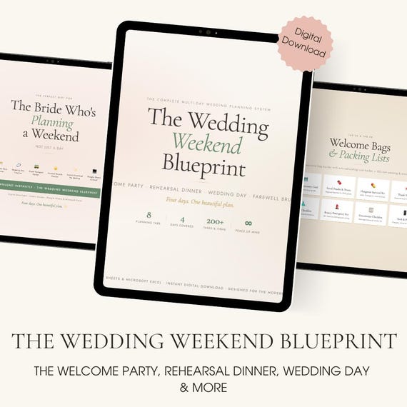 Wedding Weekend Planner Spreadsheet | Welcome Party, Rehearsal Dinner, Wedding Day & Farewell Brunch | Google Sheets Excel | Digital