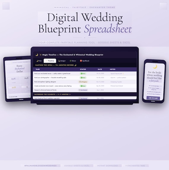 Enchanted Wedding Blueprint Spreadsheet — Budget Tracker, Guest, Vendor Checklist | Whimsical Fairytale Wedding | Magical Wedding Gift