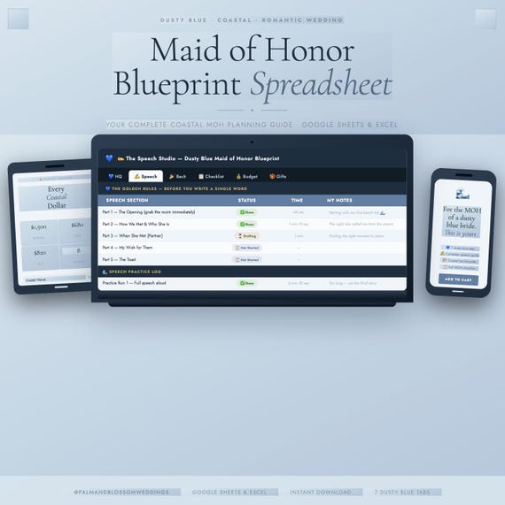 Dusty Blue Maid of Honor Blueprint — MOH Speech Guide, Bachelorette Planner, Bridesmaid Coordinator | Coastal Wedding | Digital | MOH Gift