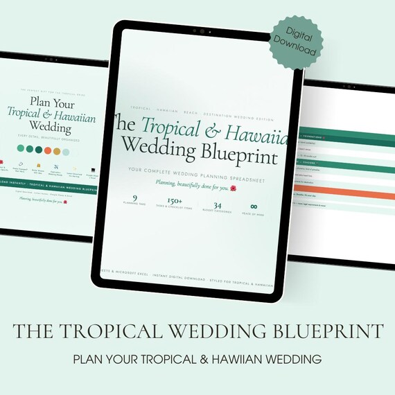 Tropical Wedding Planner Spreadsheet | Hawaiian Wedding Budget Tracker, Guest List & Checklist | Google Sheets Excel | Destination Wedding