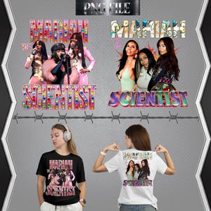 May include: Image features two graphic designs with the text "MARIAH the SCIENTIST" and images of the singer. Below are two women wearing t-shirts with the same design. One shirt is black, the other is white.