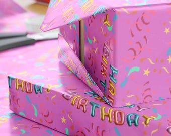 Happy Birthday Wrapping Paper, Colorful Balloons, Stars, Confetti Design