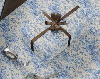 Blue Toile Wrapping Paper, Floral Bird Gift Wrap, Elegant Presents
